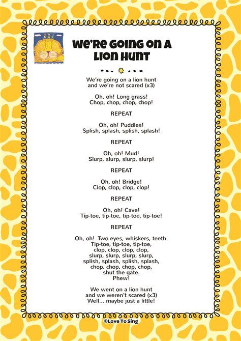 Going On A Bear Hunt Song Lyrics, We Are Going On A Lion Hunt Activity, Going On A Lion Hunt, Zoo Songs, Video Song Lyrics, Lion Song, Preschool Jungle, Zoo Preschool, Free Lyrics