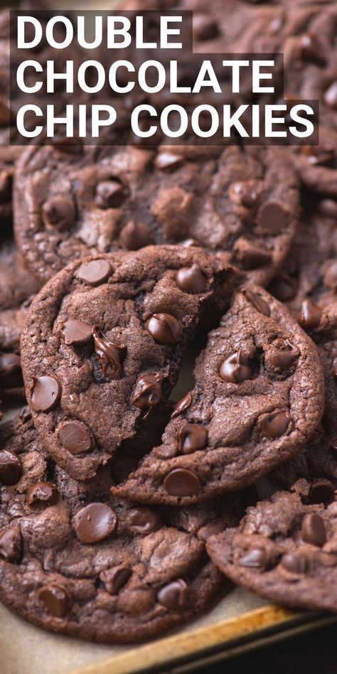 Easy Chocolate Chocolate Chip Cookies, Cookie Recipes Double Chocolate, Double Chocolate Cookies Recipes, Double Chocolate Chocolate Chip Cookies, No Flour Chocolate Chip Cookies, Fudgy Double Chocolate Chip Cookies, Double Choc Chip Cookies, Chewy Double Chocolate Cookies, Double Chocolate Chip Cookie Recipe Easy