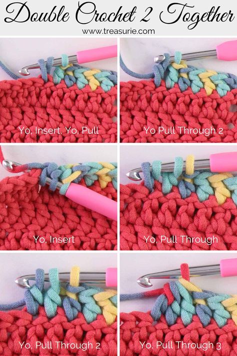 Double Crochet Two Together {dc2tog} Step by Step Double Crochet Two Together, How To Double Crochet, Stitch Step By Step, Crochet Cluster Stitch, Crochet Fabric, Double Crochet Stitch, Single Crochet Stitch, Types Of Yarn, Crochet Hook Sizes