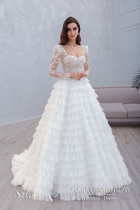 Wedding Dress Tiered, Gowns Designs, Glitter Skirt, Chapel Train Wedding Dress, Glitters Skirt, Wedding Dress Collection, White Wedding Gowns, A Line Wedding Dress, A-line Wedding Dress