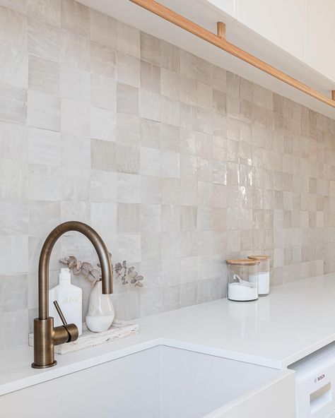 Check out this laundry designed by @headinteriordesign This space is full of texture. From the herringbone floor, handmade splashback tiles, timber hanging rail and our antique brass tap. Builder @_bldbl 📸 @jodyallenphoto Herringbone Splashback Laundry, Laundry Splashback Tiles, Herringbone Splashback, Laundry Splashback, Laundry Design, Splashback Tiles, Brass Tap, Herringbone Floor, Hanging Rail