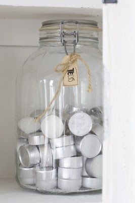 diy idea:  clear container for tealights what a cute way to store your tealights...imagine how pretty it would be with several different colors in a mason jar! Candle Storage, Candles Jar, Tealight Candles, Clear Container, Jar Storage, Light Candles, Tea Candles, Tealight Candle, Dust Free