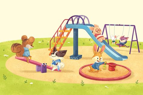 Be nice to your friends Park Illustration Background, Slide Illustration, Playground Illustration, Park Drawing, Park Illustration, Character Design Digital Art, Children's Book Characters, School Illustration, Children Park