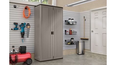 This cabinet offers "Mega" storage for all your garage essentials. #SuncastCorp #GarageStorage Horse Storage, Tall Garage, Metal Garage Cabinets, Automotive Garage, White Garage, Utility Storage Cabinet, Storage Shed Organization, Plastic Storage Cabinets, Garage Storage Solutions