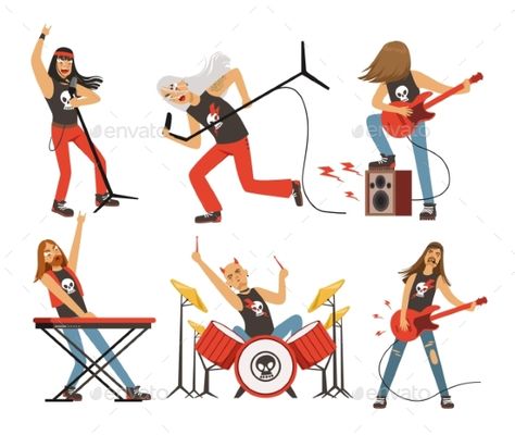 Funny cartoon characters in rock band. Musician in famous pop group. Vector rock group with singer and musical guitarist illustrat Rock Music Illustration, Music Band Illustration, Squad Illustration, Singer Illustration, Band Illustration, Musical Instruments Drawing, Cartoons Band, 달력 디자인, Funny Cartoon Characters