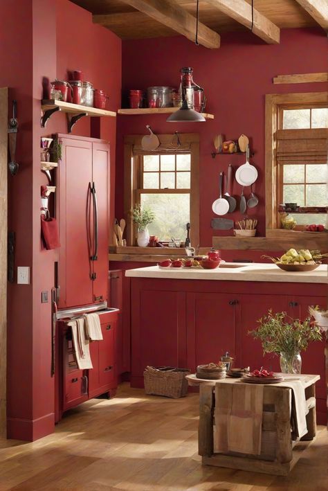 kitchen wall paint, kitchen wall colors, red kitchen walls, rustic kitchen decor Red Shiplap Wall, Color Kitchen Walls, Red Farmhouse Kitchen, Kitchen Wall Paint, Knotty Pine Ceiling, Red Kitchen Walls, Red Wall Paint, Red Kitchens, Pine Ceiling