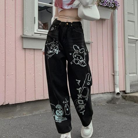 Shoptery Goth Kuromi Jeans Outfits Kuromi Jeans, Wide Leg Pants 2022, Goth Kuromi, Gothic Cartoon, Kuromi Outfit, Goth Clothes, Aesthetic Clothing Stores, Goth Aesthetic, Aesthetic Clothing