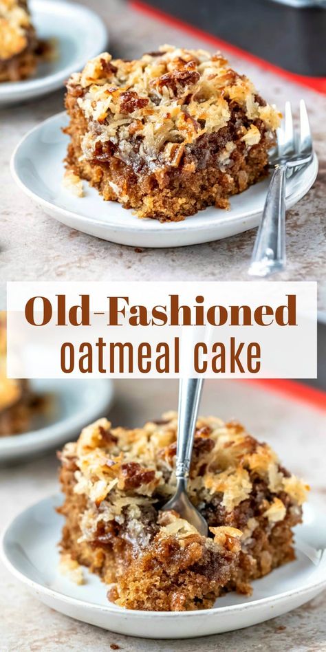 This old-fashioned oatmeal cake recipe makes a moist oatmeal cake topped with a broiled coconut-nut topping. Oatmeal Cake With Broiled Topping, Wholesome Oatmeal Diet Cake, Banana Oatmeal Cake Recipe, Chocolate Chip Oatmeal Cake, Banana Oatmeal Cake, Chocolate Oatmeal Cake, Pinch Of Yum, Oatmeal Cake, Small Cakes