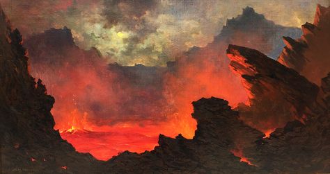 Volcano Concept Art, Volcano Aesthetic, Volcano Painting, Volcano Art, Dark Planet, Red Painting, Jrr Tolkien, Landscape Artwork, Matte Painting