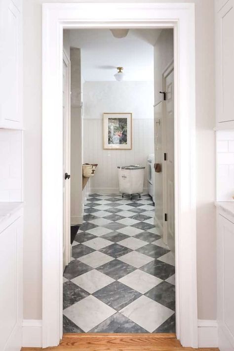 Laundry Room Makeover: Before & After - Stefana Silber Laundry Room Tile Ideas, Checkered Floor Kitchen, Red Oak Wood Floors, Harlequin Floors, Room Tiles Floor, Small Basement Bathroom, Laundry Room Tile, Mudroom Flooring, Foyer Flooring