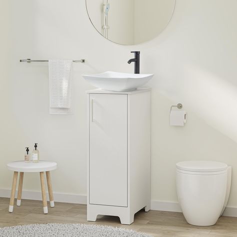 PRICES MAY VARY. ★ Waterproof and moisture-proof: White bathroom cabinet & White Ceramic Vessel Sink Combo; with moisture-proof and Eco-friendly panels to ensure comfort and strength in use. Glossy surface is convenient to be cleaned. Vanity size: 13”W x 20"D x 32"H; Sink Size :19.7"W x 13.8"D x 4.5"H ★ Variety of options: Suitable for small bathrooms with sophisticated decoration. Has a flexible and versatile storage combination with three adjustable partitions for different needs. Sufficient s Narrow Bathroom Vanity, Amazon Bathroom Decor, White Bathroom Cabinet, Small Bathroom Vanity, Cabinet Blue, White Bathroom Vanity, Single Door Design, White Bathroom Cabinets, Drainage Pipe