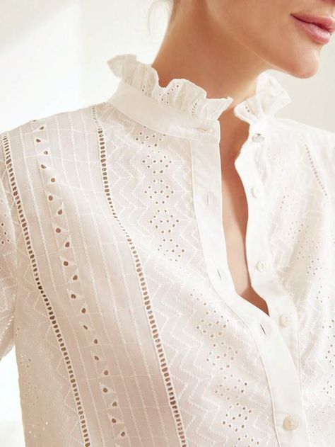 MOTF X Nour PREMIUM RUFFLE NECK SCHIFFY BLOUSE | SHEIN USA White Eyelet Blouse, Ruffle Hem Blouse, Eyelet Shirt, Ruffle Trim Top, Clothing Model, Eyelet Blouse, Eyelet Fabric, Tie Neck Tops, Tie Neck Blouse