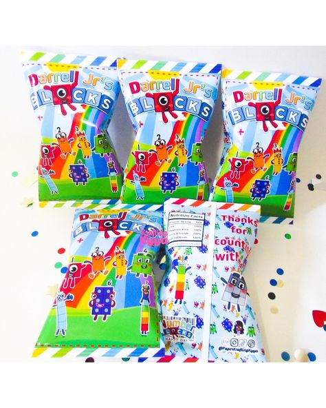 Number Blocks Party Favors, Number Blocks Birthday Party Ideas, Numberblocks Birthday Party Ideas, Numberblocks Birthday Party Decorations, Number Blocks Birthday Party, Numberblocks Birthday Party, Numberblocks Birthday, Food Favors, Custom Chip Bags