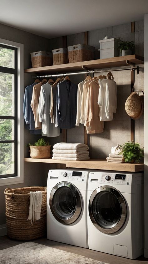 Laundry Room Ideas Long And Narrow, Small Mud Room With Stackable Laundry, Custom Home Laundry Room, Small Laundry With Hanging Rail, Laundry Room Modern Design, Laundry Room With Hanger Rod, Simple Modern Laundry Room, Side By Side Laundry Closet, Small Laundry Room Ideas With Drying Rack