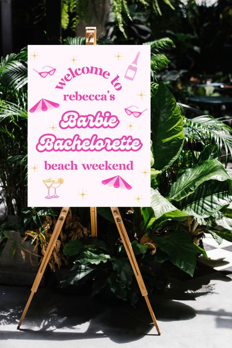 Beach Barbie Bachelorette Welcome Sign 🏖️💞 Welcome Sign Beach, Bridal Barbie, Beach Barbie, Barbie Bachelorette, Barbie Bridal, Bachelorette Themes, Bachelorette Decorations, Barbie Bride, Malibu Barbie