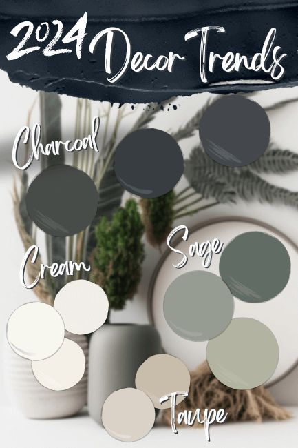 New Paint Colors to Use in 2024 (From Every Brand!) - Mod & Mood Sage Green With Black Accents, One Wall Bedroom Paint Colors, New Build Color Scheme, Benjamin Moore Color Pallets, Modern Organic Paint Colors Benjamin Moore, Paint Colors Of The Year 2024, 2024 Home Paint Color Trends, Gray House Color Scheme Interiors, Cohesive Paint Colors Home