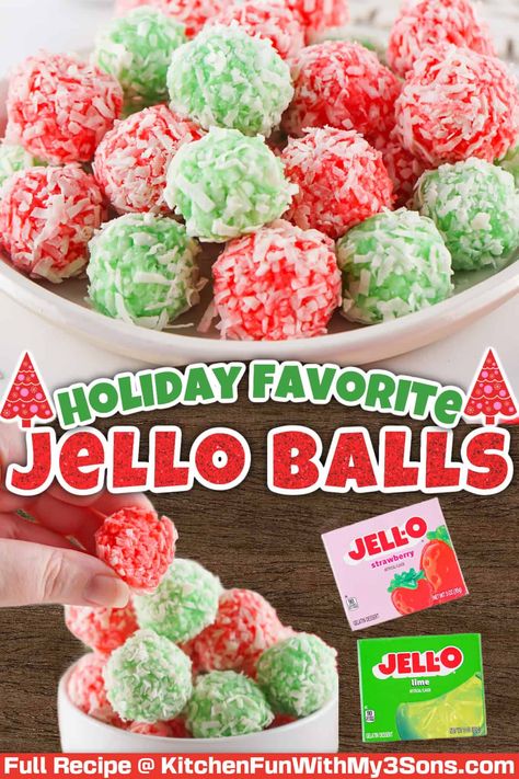 These Christmas Jello Balls are a fun and festive treat you won’t want to miss this holiday season! With flavored Jello mixed into creamy yogurt, these little desserts are soft, sweet, and bursting with flavor. Rolled in sweetened coconut, they’re as pretty as they are delicious. Rice Krispie Treats With Jello, Easy Jello Meringue Cookies, Jello Glass Dessert, Jello Coconut Balls, Easy Soft Desserts, Jello Christmas Cookies, Moms Christmas Jello Balls Recipe, Xmas Jello Recipes, Grinch Jello Salad