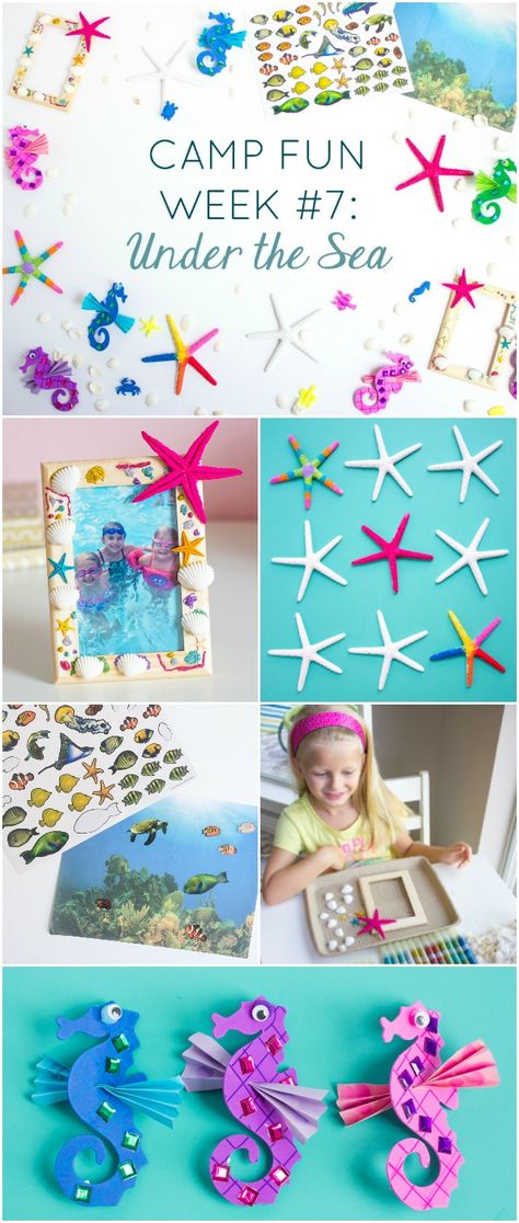 Hold summer camp at home with these fun ideas for a dinosaur week and under the sea week with your kids! Summer Daycare, Preschool Summer Camp, Summer Camp At Home, Camp At Home, Ocean Theme Crafts, Summer Camp Themes, Camping Activities For Kids, Summer Camp Activities, Camping Diy