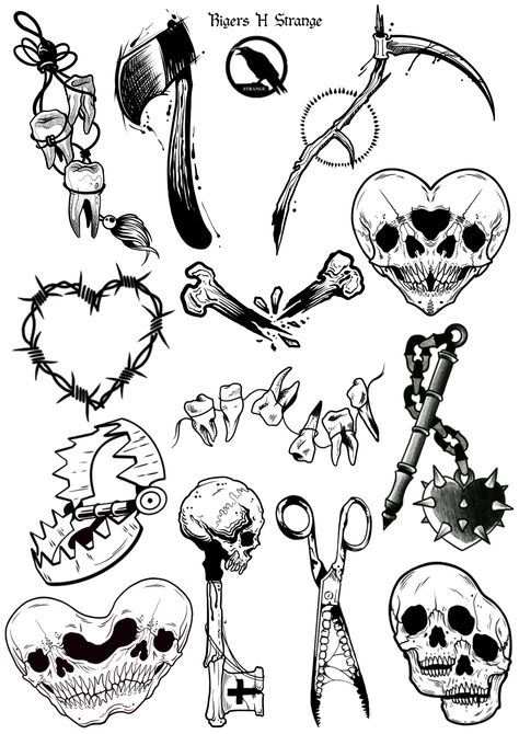 Small Goth Flash Tattoos, Goth Tattoo Patchwork, Witchy Goth Tattoo, Tarot Tattoo Flash, Men’s Gothic Tattoos, Creepy Flash Art, Gothic Tattoo Filler Ideas, Halloween Tattoo Designs Drawings, Flash Work Tattoo