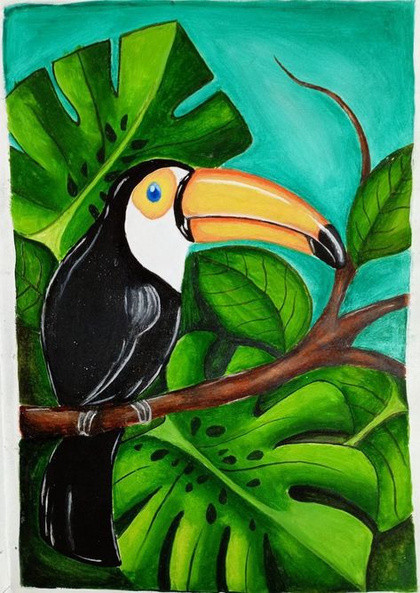 Simple Realistic Paintings, Naturalisme Painting, Carton Paintings, Hornbill Painting, Toucan Painting, Cloud Painting Acrylic, Realistic Flower Drawing, Bird Painting Acrylic, Colorful Canvas Art