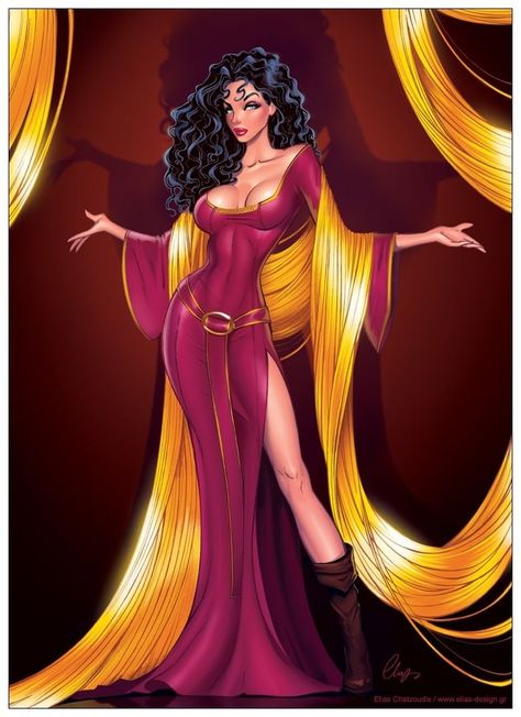 Dark Disney Art, Disney Pin Up, Elias Chatzoudis, Dunia Disney, Mother Gothel, Disney Version, Dark Disney, Twisted Disney, Disney Tangled