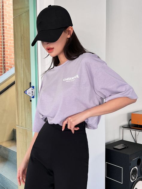 Lilac Purple Casual  Half Sleeve Cotton Slogan  Embellished Non-Stretch Summer Women Tops, Blouses & Tee Lilac Tshirt Outfits, Tshirt Outfits Women, Drop Shoulder Tshirt, Purple Graphic Tee, Graphic Tee Outfits, Drop Shoulder Tee, Purple T Shirts, Lilac Purple, Tshirt Outfits