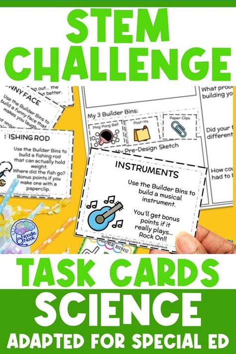 STEM challenge task cards are one of the greatest science center ideas for special ed. Use a classroom maker space materials and task cards to help students with some fun hands on learning in science. Science Center Ideas, What Do Scientists Do, Stem Task Cards, Student Cleaning, Stem Bins, Library Centers, Task Cards Free, Lego Challenge, Special Ed Teacher