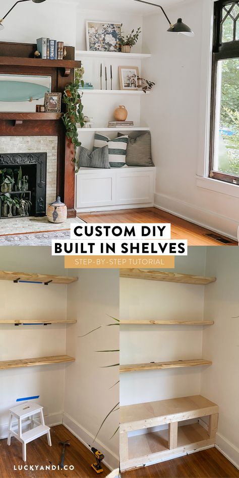 custom built in white shelves and bench in our living room Shelves Around Fireplace, Bookshelves Around Fireplace, Diy Built In Shelves, Built In Around Fireplace, Fireplace Bookshelves, Built In Shelves Living Room, Living Room Built Ins, Fireplace Shelves, Fireplace Built Ins