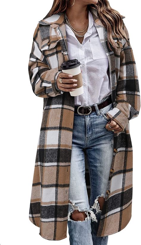 This flannel jacket can be worn open as a long plaid jacket or wool trench coat. Pair with sweaters, turtlenecks, jeans, shorts, skinny leggings, boots, scarf, and boots for casual and street style. The long plaid coat is perfect for casual daily life, shopping, street wear, working, office, school, holiday, vacation, night out, outdoor etc, suitable for autumn, winter and spring. Long Shacket, Long Flannel, Work Outfit Office, Buffalo Plaid Shirt, Plaid Shacket, Corporate Fashion, Langer Mantel, Flannel Jacket, Plaid Coat