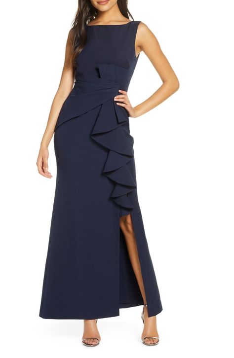 Eliza J Ruffle Front Gown (Regular & Petite) | Nordstrom Mother Of The Bride Dresses Long, Eliza Dress, Mother Of Groom Dresses, Cocktail Gowns, Mob Dresses, Eliza J Dresses, Eliza J, Chiffon Gown, Groom Dress