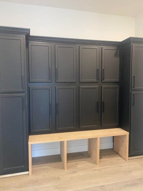 Lowes Mudroom Cabinets, Unfinished Stock Cabinets, Mudroom Built In Cabinets, Black Pantry Cabinets, Diy Mud Room Cabinets, Unfinished Cabinet Ideas, Diy Mudroom Cabinets, Diy Mudroom Lockers With Doors, Diy Mudroom Storage