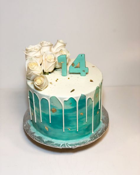 Teal And White Birthday Cake, Teal Colored Birthday Cakes, Teal Cake With Flowers, Turquoise Drip Cake, Dark Teal Birthday Cake, 18th Birthday Cake Teal, Teal Marble Cake, Teal Cakes Birthday, Teal And Gold Birthday Cake