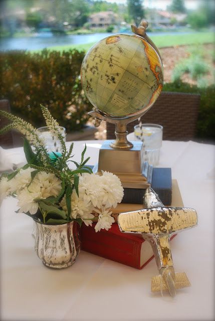 vignette with globe, books, antique plane and flowers Travel Centerpieces, Travel Theme Bridal Shower, Travel Bridal Showers, Vintage Travel Themes, Travel Baby Showers, Travel Party Theme, Adventure Theme, Travel Theme Wedding, World Party