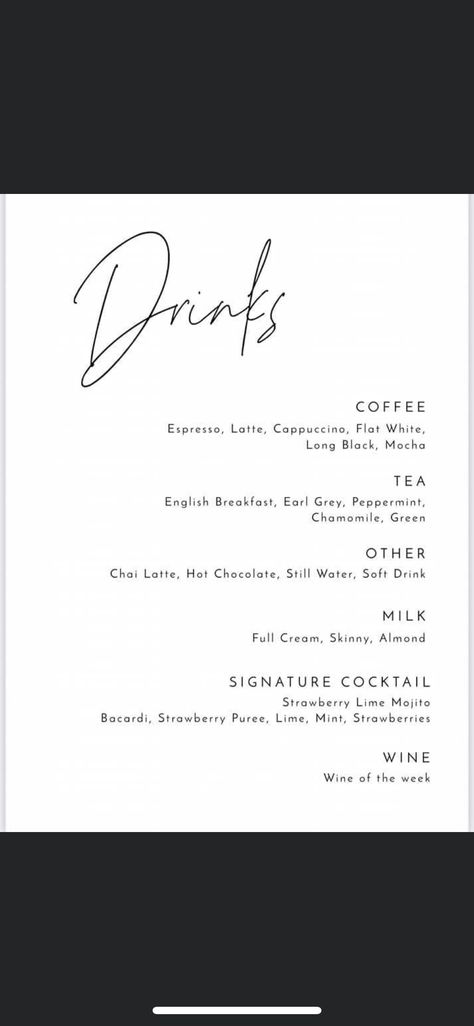 Hair Salon Drink Menu Ideas, Salon Drink Menu Ideas, Drink Menu Ideas, Drink Menu Design, Strawberry Lime, Strawberry Wine, Strawberry Puree, Salon Interior Design, Chai Latte