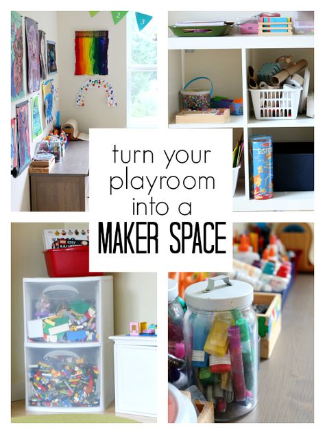 How to turn your playroom into a maker space at home. Fun STEM activities will be done in this great playroom remodel. Stem Makerspace Playroom, Makerspace At Home, Maker Space At Home, Maker Space Organization, Home Maker Space, Home Makerspace, Elementary Playroom, Stem Playroom, Maker Space Design