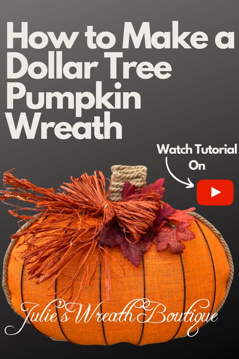 Looking for a challenge? Then this is the youtube tutorial you've been looking for! The challenge isn't the difficulty level, but how to make a fabulous wreath for next to nothing using supplies from the Dollar Tree and burlap material by the yard. Julie shows you step by step just how affordable this fall pumpkin  can be to make for that new front door wreath you've been looking to make. Are you up for the challenge?
#frontdoorwreath #pumpkin #DollarTree #youtubetutorial #julieswreathboutique Dollar Store Pumpkin Wreath Frame, Pumpkin Wreath Form Ideas, Wire Pumpkin Wreath Diy, Pumpkin Mesh Wreaths, Dollar Tree Pumpkin Wreath, Pumpkins Decorations, Pumpkin Wreath Tutorial, Deco Mesh Pumpkin, Fall Wreath Tutorial