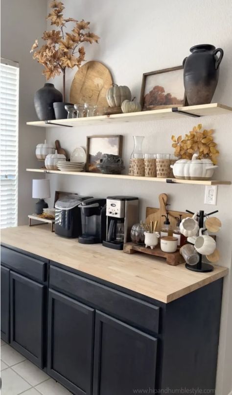 Coffee station by Hip and Humble Style Dining Coffee Bar, Diy Mug Holder Wall, Diy Kitchen Coffee Bar, Black Coffee Station, Office Coffee Station Corporate, Small Coffee Nook, Nespresso Pod Storage Ideas, Work Coffee Bar, Rustic Coffee Bar Ideas