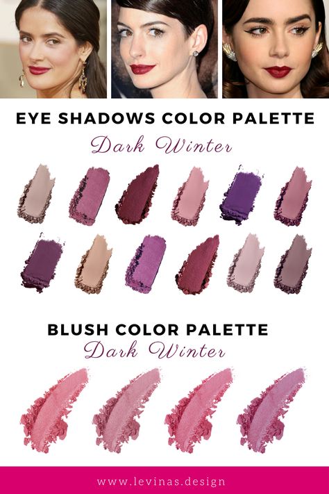 Deep Winter Palette Outfits Plus Size, Burnished Sultry Winter, Deep Winter Make Up Color Palettes, Blush For Deep Winter, Deep Winter Eye Makeup, Deep Winter Blush Color, Deep Winter Romantic Style, Dark Winter Eyeshadow Palette, Winter Color Makeup