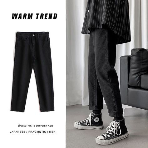 Jeans Outfit Men, Casual Summer Pants, Pants Outfit Men, Black Jeans Men, Harajuku Streetwear, Classic Jacket, White Long Sleeve Shirt, Cool Outfits For Men, Straight Trousers