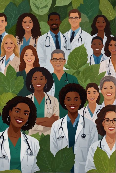 An illustration of diverse healthcare professionals, including doctors, nurses, nutritionists, and therapists, standing together with a backdrop of a vibrant green leaf representing health and wellness. Community Nursing, Inspiring Stories, Wellness Wednesday, A Doctor, Together We Can, Digital Marketing Agency, Healthcare Professionals, Professions, Health Care