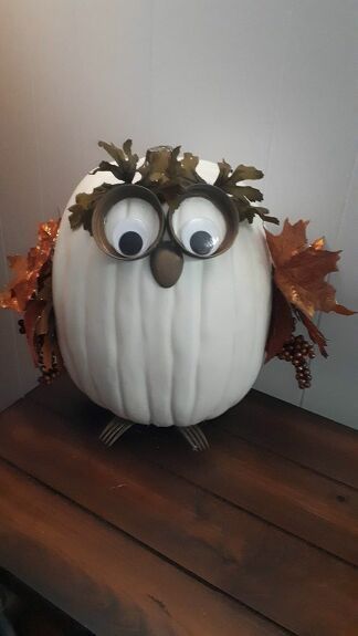 Pumpkin Owl Craft, Owl Painted Pumpkins Ideas, White Pumpkin Owl, Bumble Bee Pumpkin Painting, Artificial Pumpkin Decorating Ideas, Owl Pumpkin Decorating, Pumpkin Wallpaper Backgrounds, Diy Owl Crafts, Pumpkin Ideas Creative