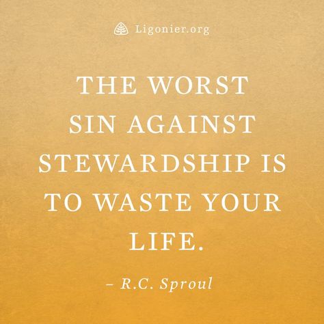 The worst sin against stewardship is to waste your life. —R.C. Sproul Stewardship Quotes, Biblical Stewardship, Pastor Quotes, Ligonier Ministries, Reason Quotes, R C Sproul, Money Mindset Quotes, Reformed Theology, Journal Quotes