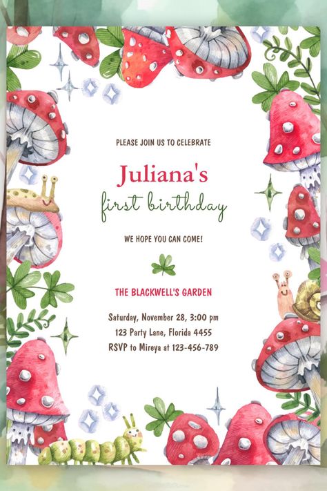 Woodland Forest Watercolor Mushroom Birthday Party Invitation Mushroom Birthday Party, Invitation Enchanted Forest, Wildflower Greenery, Mushroom Birthday, Frog Birthday Party, Enchanted Forest Birthday, Watercolor Mushroom, Watercolor Frame, Forest Birthday