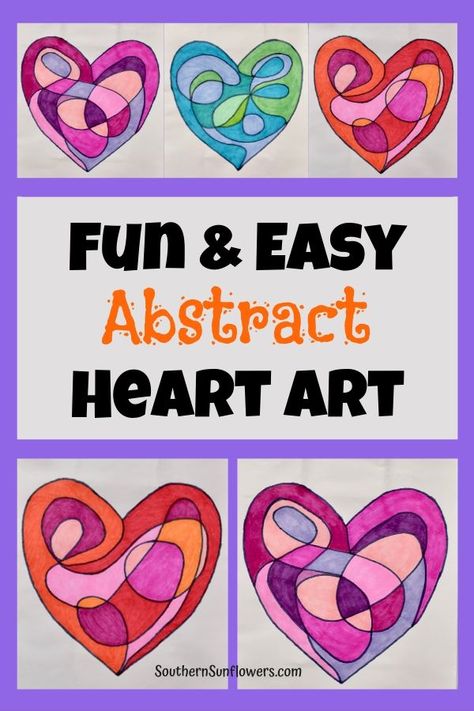 Your kids will have so much fun creating abstract heart art! It's an easy craft for kids and a perfect Valentine's Day art project for kids. Southern Sunflowers Valentine’s Day Art Grade 1, Valentines Art Activities For Kids, Mosaic Heart Craft For Kids, Heart Art Lessons For Elementary, Heart Mosaic Art For Kids, Valentine’s Day Craft Elementary, Easy Valentine Art Projects For Kids, February Art Lessons For Elementary, February Elementary Art Projects