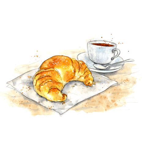 Continental French Croissant and coffee breakfast. Watercolor illustration. www.amyholliday.co.uk. Breakfast Drawing Ideas, Breakfast Watercolor Food Illustrations, Croissant Illustration Drawings, Breakfast Illustration Food, French Food Drawing, Breakfast Drawing Illustration, Croissant Watercolor, Croissant Painting, Croissant Drawing