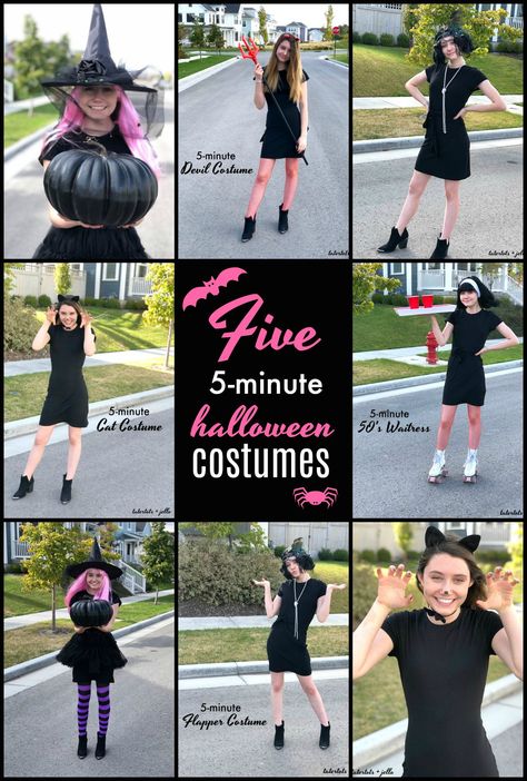 FIVE 5-Minute Simple Halloween Costumes with 1 Little Black Dress! Take a thrifted dress and add simple accessories from Savers Thrift to create easy Halloween costumes this year! 5 Minute Halloween Costumes, Quick N Easy Halloween Costumes, Simple Halloween Costumes, Black Dress Halloween, Black Dress Halloween Costume, Halloween Costumes Scarecrow, Diy Halloween Gifts, Halloween Party Decor Diy, Halloween Decorations For Kids