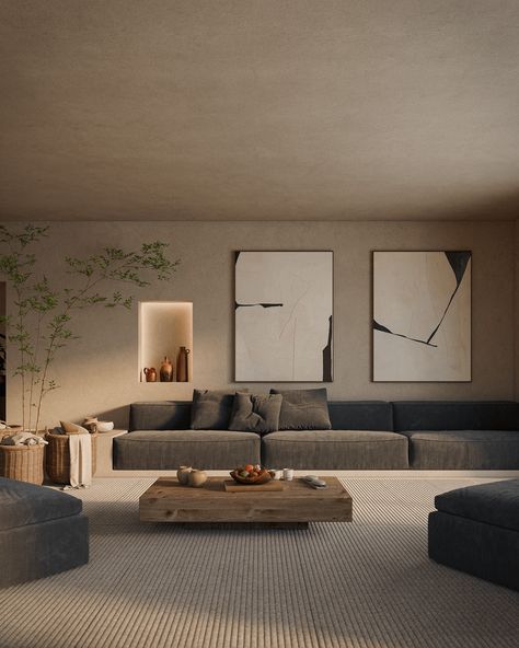 Wabi Sabi Interiors :: Behance Wabi Sabi Office Design, Wabi Sabi Interior Living Rooms, Wabi Sabi Sofa, New Classic Living Room, Wabi Sabi Architecture, Wabi Sabi Floor, Living Room Wabi Sabi, Wabi Sabi Living Room, Wabi Sabi Interior Design