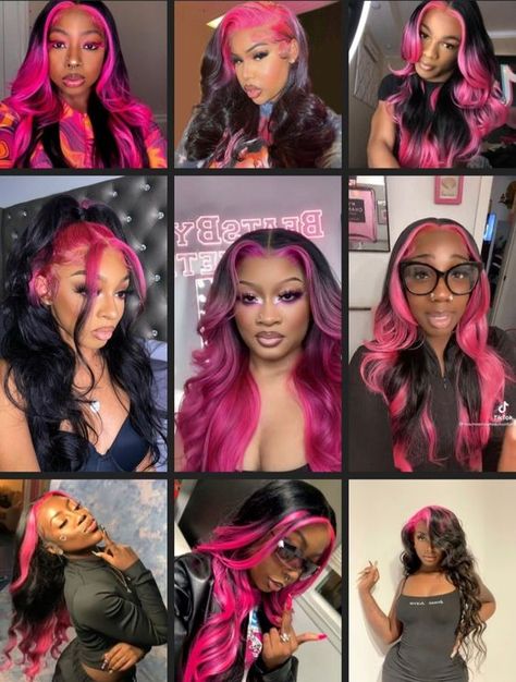 Pink Hair Streaks Black Women, Hot Pink Wig Black Women, Pink And Black Wig Install, Blonde Pink Hair Black Women, Black And Pink Frontal Wig, Blonde And Pink Wig Black Women, Black And Pink Wigs For Black Women, Pink Wigs For Black Women Dark Skin, Dark Pink Wigs For Black Women