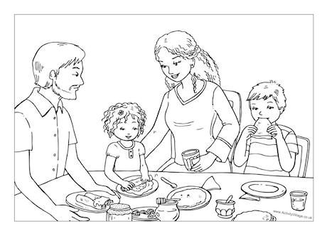 Eating pancakes on Pancake Day colouring page Pancake Day Colouring Pages, Eating Pancakes, Dover Publications Coloring, Minions Coloring Pages, Family Coloring Pages, Human Figure Sketches, Family Drawing, Bible Coloring Pages, Colouring Page