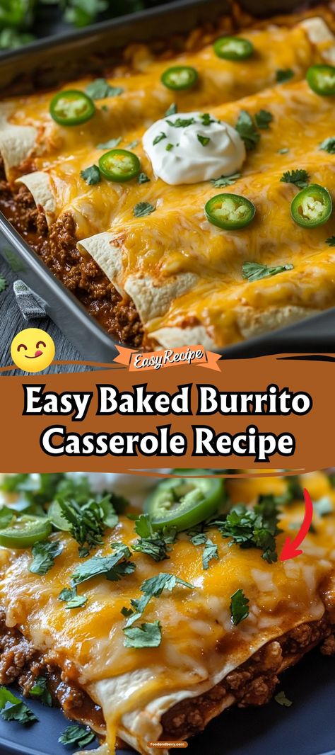 Transform your favorite burrito elements into the Easy Baked Burrito Casserole, layering flour tortillas with a rich blend of ground beef, refried beans, and cheese, all topped with spicy enchilada sauce. It’s an easy, satisfying meal that brings the taste of Tex-Mex cuisine right to your dinner table. #BurritoCasserole #TexMex #EasyDinner Hamburger Burrito Casserole, Easy Baked Burrito Casserole, Smothered Ground Beef Burritos, Beef And Bean Burrito Casserole, Baked Enchilada Casserole, Beef Tortilla Casserole, Baked Chicken Burrito Recipe, Ground Beef Burrito Casserole, Mexican Casseroles Using Ground Beef